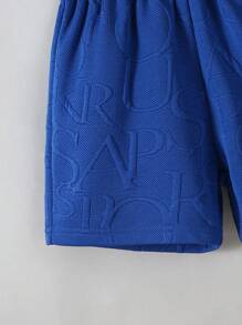 SHEIN Casuvi Kids 3pcs Toddler Boys Set: Letter Jacquard Knit Short Sleeve T-Shirt, Shorts, And Bag, Casual Fashion Daily Wear, Spring/Summer Boys Blue Short Set Boys 2 Piece Summer Set Blue Kids Short Set, School, Campus, College - Blue - View 4