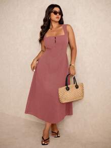 Elaquor Đầm mùa hè không tay cổ vuông màu trơn cỡ lớn đa năng dây rộng - Bụi hồng - Xem 1
