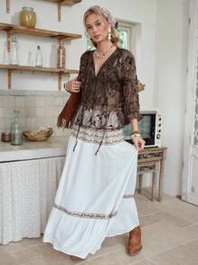LanaWest Women's Boho Lace Snap Front Fitted Shirt - Brown - View 4