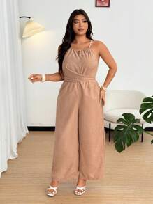 SHEIN PETITE Bộ đồ liền thân ống rộng màu trơn cạp chéo cỡ lớn dành cho nữ - Màu Khaki - Xem 8