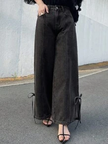 FRIFUL Women's Fashionable Casual Bowknot Tie Loose Fit Denim Jeans Bow Jeans Tie Jeans Black Jeans Split Hem Jeans Wide Leg Jeans - Black - View 2
