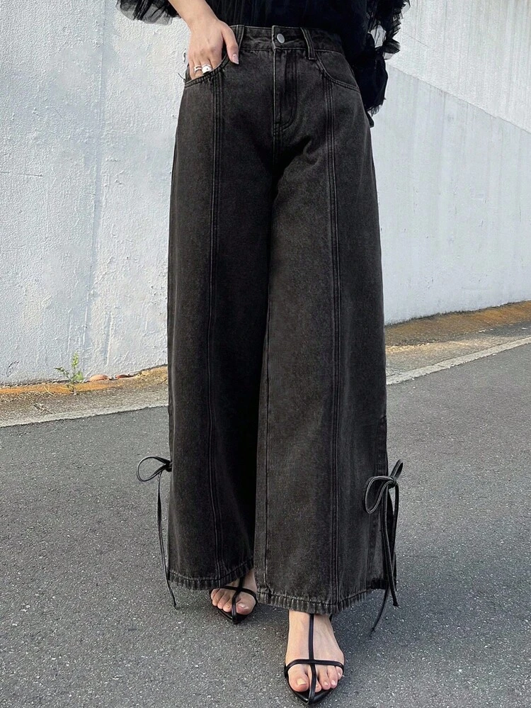 Women's Korean Style Bow Loose Washed Denim Jeans