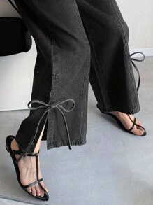 FRIFUL Women's Fashionable Casual Bowknot Tie Loose Fit Denim Jeans Bow Jeans Tie Jeans Black Jeans Split Hem Jeans Wide Leg Jeans - Black - View 6