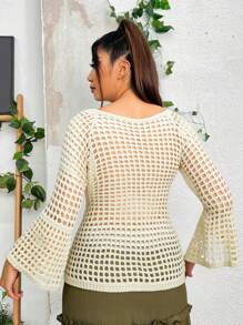 ROMWE Plus Size Vintage Hollow Out Lace-Up Backless Knitted Cardigan, Vacation Style - Apricot - View 7