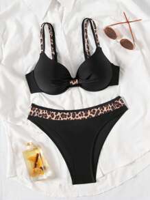 Swim Lushoire Summer New Women Swimwear Underwire Push-Up Gather Adjustable Spaghetti Strap Back Two Pieces Set - Black - View 3