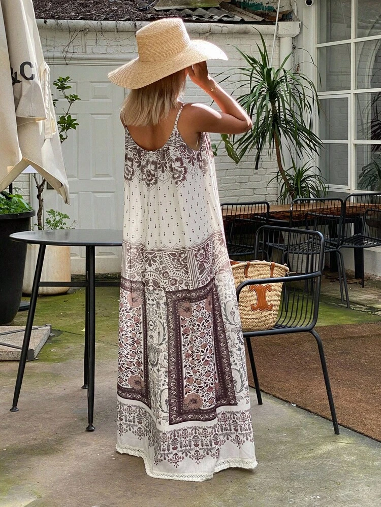 Floral Vacation Spaghetti Strap Dress, Casual Autumn Long Dress For Women Summer Women Dresses Cruise Outfit For Women Boho
