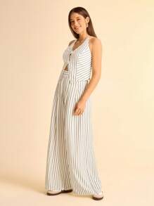 CAJUNI Women's Holiday Beige And Black Striped ,Relaxed Fit Wide Leg Casual Pants, Suitable For Travel And Commute,Pantalones De Mujer,Pantalones,Summer Pants,Bolero,Pantalones Cortos,Pantalones De Vestir Mujeres,Trousers,Pantalón De Vestir,Pantalones Mujer,Pantalón De Vestir Mujer