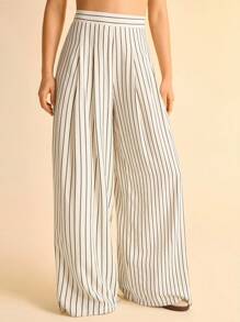 CAJUNI Women's Holiday Beige And Black Striped ,Relaxed Fit Wide Leg Casual Pants, Suitable For Travel And Commute,Pantalones De Mujer,Pantalones,Summer Pants,Bolero,Pantalones Cortos,Pantalones De Vestir Mujeres,Trousers,Pantalón De Vestir,Pantalones Mujer,Pantalón De Vestir Mujer