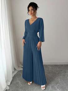 Rafferiza Women's Casual Solid Color Waist Drawcord Jumpsuit With Long Sleeves - Dusty Blue - View 3