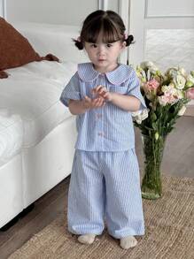 Dazy Kids 女童清新条纹 Polo 领衬衫和宽松裤子两件套睡衣套装 - 藍色 - 查看 5