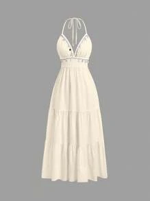 Sweetra 刺绣系带镂空腰部度假休闲连衣裙 - 杏色 - 查看 1