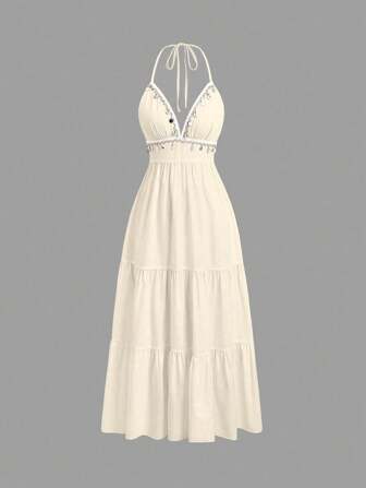 Sweetra Vestido casual de vacaciones con espalda de atar, cintura hueca y bordado