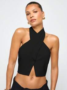 AiiRZ 优雅交叉露肩露脐上衣，摩登派对晚宴时尚无袖夜店装，春夏皆宜，露肩款式。 - 黑色 - 查看 1