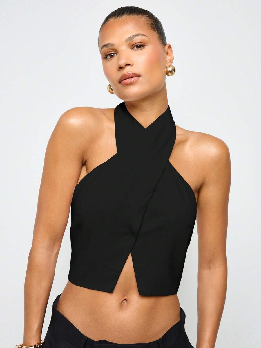 AiiRZ 优雅交叉露肩露脐上衣，摩登派对晚宴时尚无袖夜店装，春夏皆宜，露肩款式。 - 黑色 - 查看 1