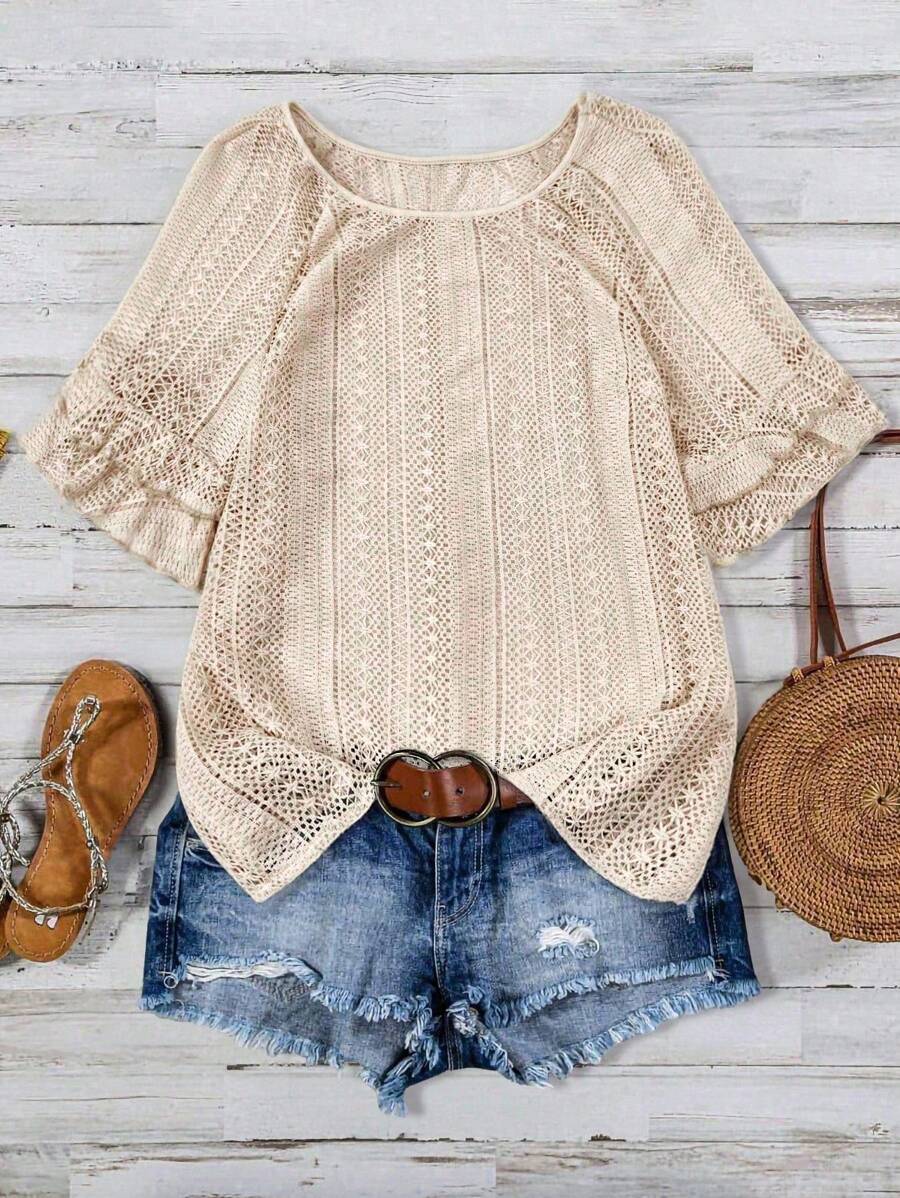 Linhara Plus Size Women Summer Vacation Round Neck Sheer Top - Apricot - View 1