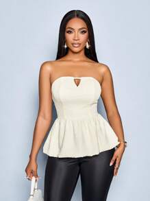 SOLERSUN Spring And Summer Women's Wear Daily Leisure Elegant Commuter Apricot Woven Textured Fabric Sleeveless Tube Top Hollow Key Collar Open Back Pleated Bubble Hem Top - Apricot - View 5
