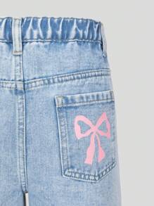 Tween Girls Casual Fashion Light Blue Denim Butterfly Print Pockets Loose Wide Leg Comfortable Everyday Relaxed Fit Washed Denim Jeans Girls Wide Leg Jeans With Bows Summer Holiday Fall Winter - Light Wash - View 7