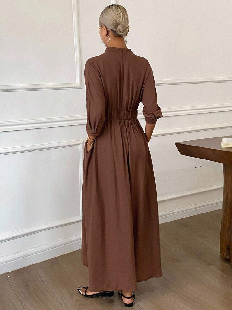 Women's Solid Color Notched Neck Fold Pleated Elegant Short Sleeve Midi Dress Vacation Outfits Women