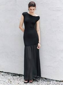 Chiquease Halloween Women's Elegant Cold-Shoulder Asymmetric Neck Chiffon Patchwork Sheer Hem Cinched Waist Dress