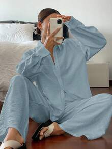 DAZY 女士宽松休闲长袖上衣，夏季新旧货币风格商务装 - 藍色 - 查看 3