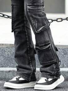 Manfinity EMRG 男士休闲日常紧身牛仔马蹄裤 - 灰色 - 查看 7