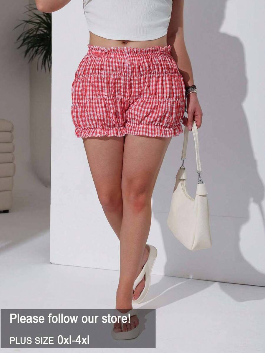 SHEIN EZwear Plus Size Women Red Plaid Ruched Waistband Shorts, Summer