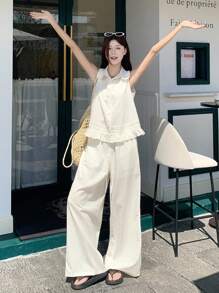 DAZY 女式彼得潘领无袖荷叶边下摆宽松纯色衬衫和阔腿休闲裤两件套 - 白色 - 查看 8
