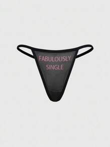 ROMWE Women's Sheer Mesh Letter Print Sexy Thong Panties