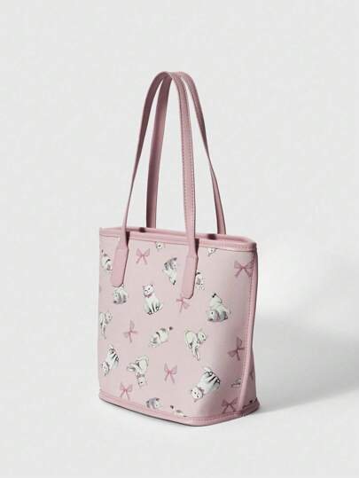 Kawaii Pink Cute Cat & Bow Print Pattern Small Tote Basket