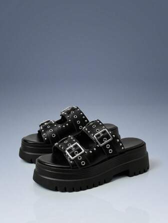 Cuccoo CUCCOO GRLICON Sandales à plateforme avec talon compensé et brides en métal, style punk moto Y2K pour femmes