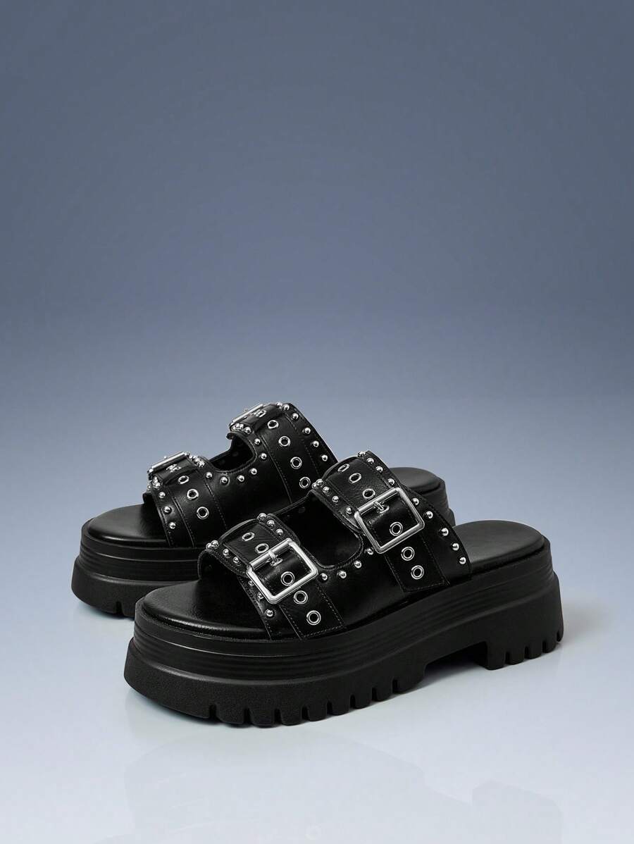 CUCCOO GRLICON 女士金属孔眼绑带坡跟凉鞋，机车风，酷女孩必备，适合春夏、度假、旅行，2000年代时尚 - 黑色 - 查看 1