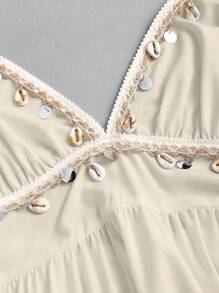 Sweetra 刺绣系带镂空腰部度假休闲连衣裙 - 杏色 - 查看 5