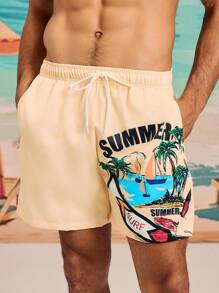 Manfinity KASUA Men's Elastic Waist Drawstring Loose Casual Palm Tree Print Beach Shorts - Pink - View 5