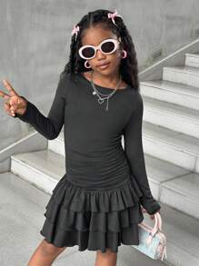 SHEIN 少女优雅纯色荷叶边长袖褶皱连衣裙，母女装（2 件套单独出售）