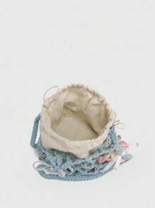 ROMWE Kawaii 女士复古蝴蝶结刺绣英文标语蝴蝶结托特包，大容量适合购物和上学 - 藍色 - 查看 5