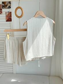 Comfortcana 2pcs Apricot Woven Striped Butterfly Lace-Up Vest And Shorts Women's Casual Set Suitable For Summer Leisure, Seaside Vacation, Office