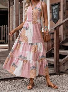 LanaWest Women's Casual Western Bohemian Beach Style Sleeveless Buttoned Decorated 3-Tier Maxi Dress, Spring/Summer - Multicolor - View 1