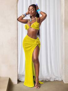 BamGleam 女士3D立体花卉装饰露脐吊带上衣和开衩裙性感两件套 - 黃色 - 查看 6
