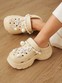 Cuccoo 公主风格夏季百搭户外 EVA 厚底防滑沙滩凉鞋，女士，珍珠花和蝴蝶孔设计