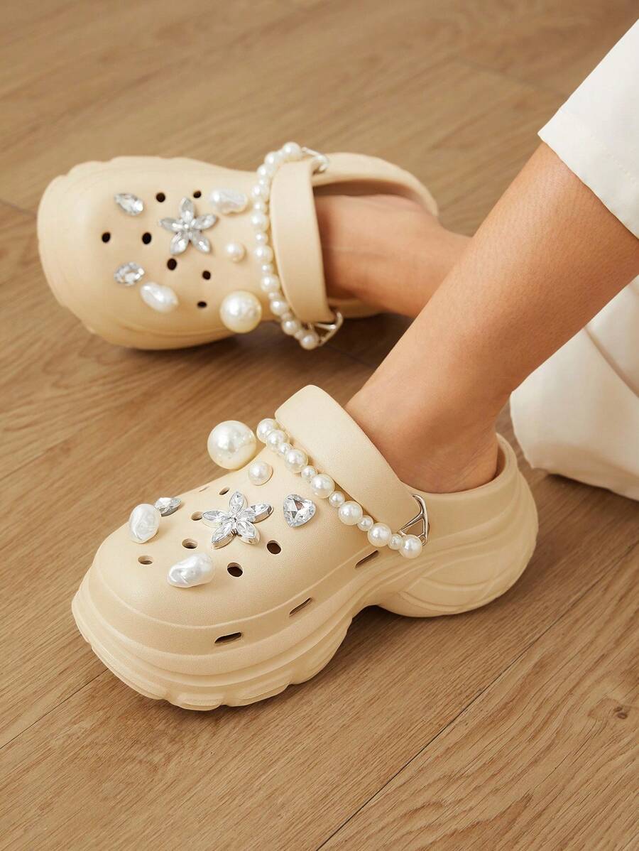 Cuccoo 公主风格夏季百搭户外 EVA 厚底防滑沙滩凉鞋，女士，珍珠花和蝴蝶孔设计