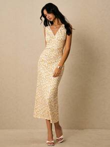 Poéselle 女式优雅夏季碎花无袖连衣裙 - 黃色 - 查看 5