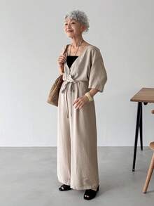 FRIFUL 女士波西米亚风休闲宽松纯色连体裤，短袖夏季抽绳连衣裙，前系带宽松连衣裙，米色连衣裙，V领连衣裙 - 杏色 - 查看 3