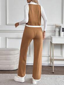 SHEIN LUNE Women's Casual Brown And White Contrast Color V-Neck Button Down Top And Long Pants Knit Set,Autumn 2 Pieces Set Outfits For Women,Casual,Occasion - Brown - View 2