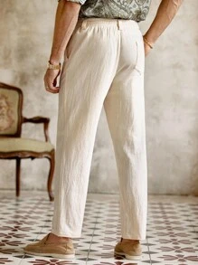 Mainfolk Men's Linen Beach Trousers,Autumn Casual Vacation Holiday Beige,Lightweight Drawstring Yoga Pants,Loose Fit Crinkle Fabric Elastic Waist Bottoms - Apricot - View 4
