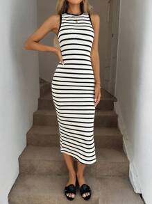 Easowa Black & White Striped Slim Side Slit Mid-Length Dress, Casual Vacation & Office Outfit, Spring/Summer Business Casual Woman Cute Summer Dress,Vacation Outfits Women - Black and White - View 4