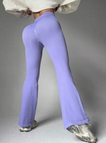 Easithlete 女士纯色不对称腰带喇叭运动裤，无缝