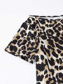 Casual All-Match Versatile Sporty Cropped Shoulder Loose Short Sleeve T-Shirt, Leopard Print Assorted Pack, For Teenage Girls