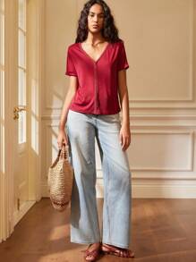 Écloséra Elegant French Retro Women's T-Shirt Retro V-Neck Lace Stitching Summer Wear Spring And Summer Women's T-Shirt Vintage Going Out Tops Women - Burgundy - View 5