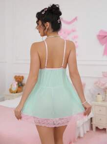 SHEIN 2 件套无线女士性感内衣连衣裙，蕾丝和网眼拼接，外出穿着