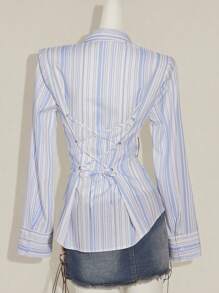 SHEIN ICON Women's Striped Shirt, Vintage Sexy Backstrap Cinched Waist Office Mermaid Style, Avant-Garde - Multicolor - View 1